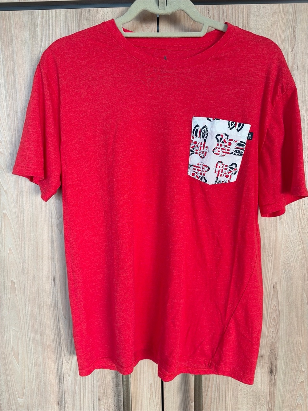 Psycho Bunny Mens M Red Graphic Pocket T-Shirt Bunny Skull Logo Cotton Crew Neck